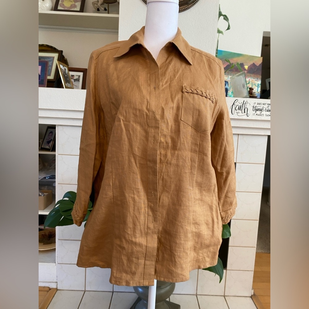 e-col-o-gie Women’s 100% Linen Button Down, Side and Back Slits, Carmel, Size L